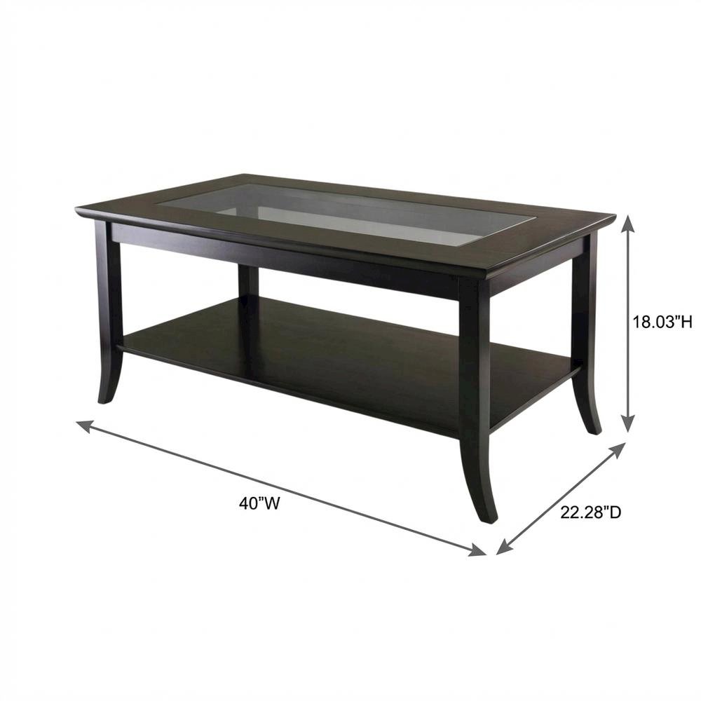 Rectangular Coffee Table, Glass Top Shelf, Solid Wood, Espresso