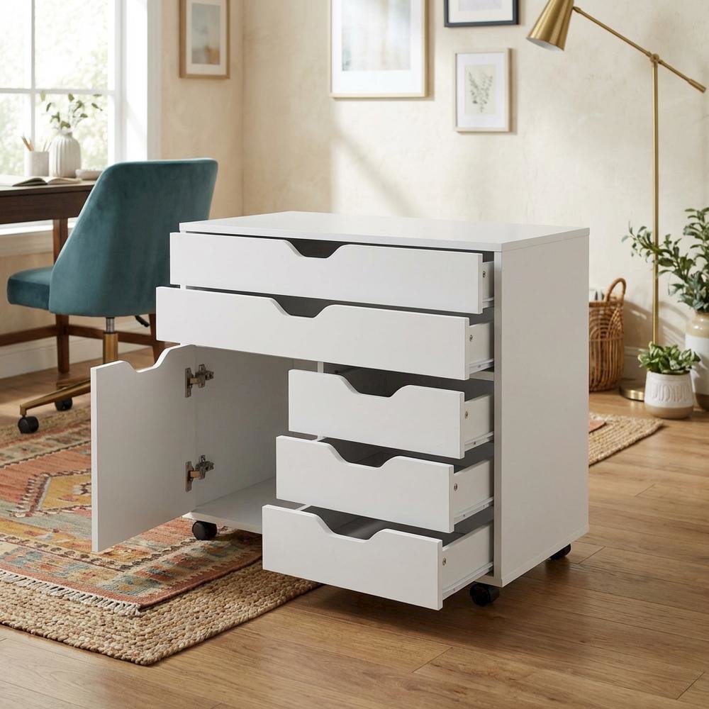 White Office Storage Cabinet With Drawers, Storage Cabinet On Wheels
