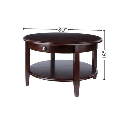 Round Coffee Table with Drawer & Shelf, Walnut Finish