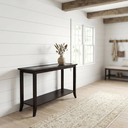 Dark Espresso Rectangular Console Table - Glass Shelf for Computer Workstations
