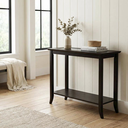 Dark Espresso Rectangular Console Table - Glass Shelf for Computer Workstations