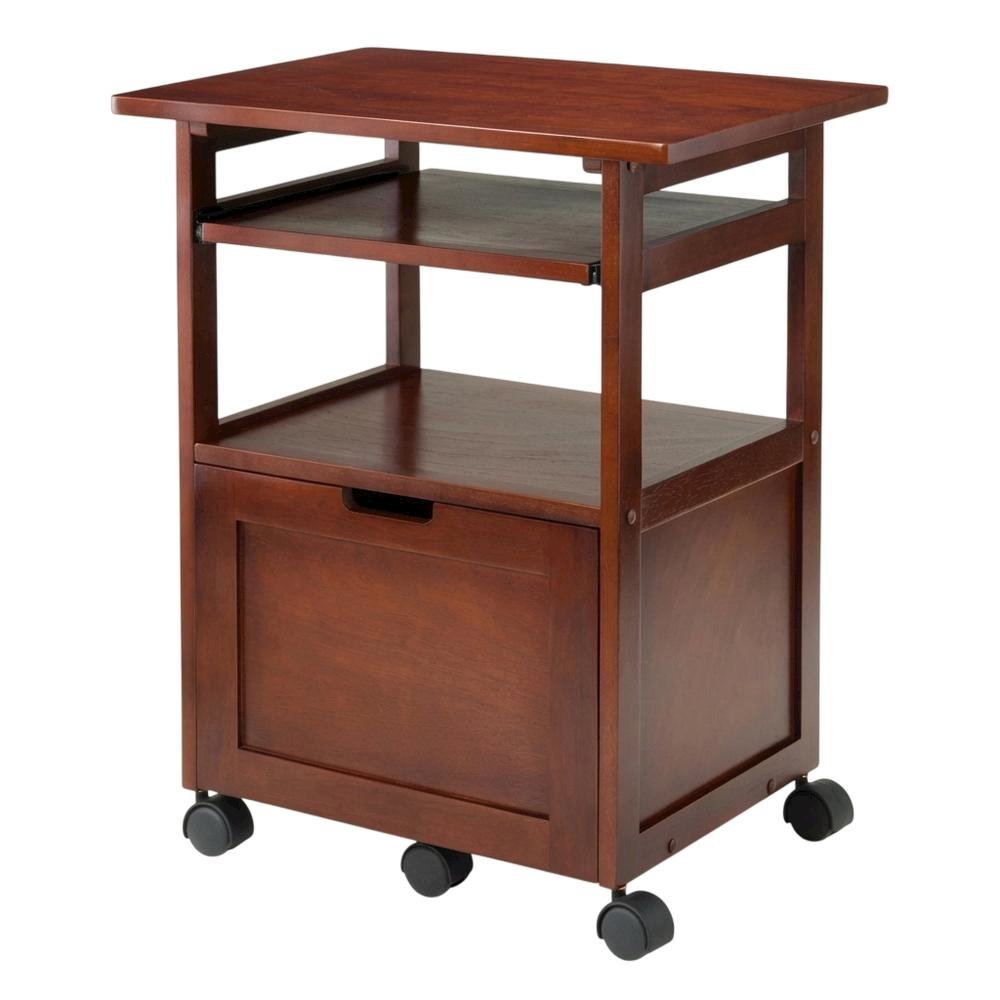 Walnut Work Cart with Keyboard Shelf and Transitional Style