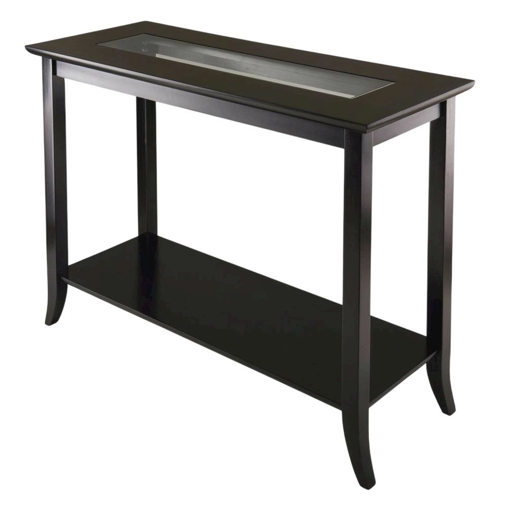 Dark Espresso Rectangular Console Table - Glass Shelf for Computer Workstations