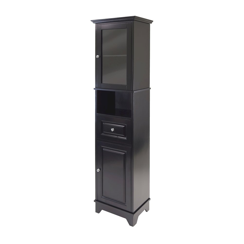 Black Tall Bathroom Storage Cabinet with Glass Door & Drawer