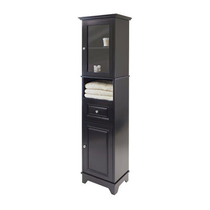 Black Tall Bathroom Storage Cabinet with Glass Door & Drawer