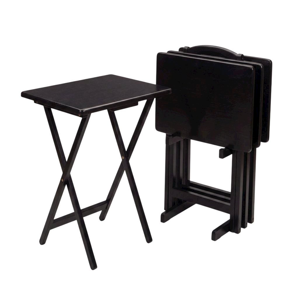 Solid Wood TV Trays Set Of 4 With Storage Rack in Black Finish