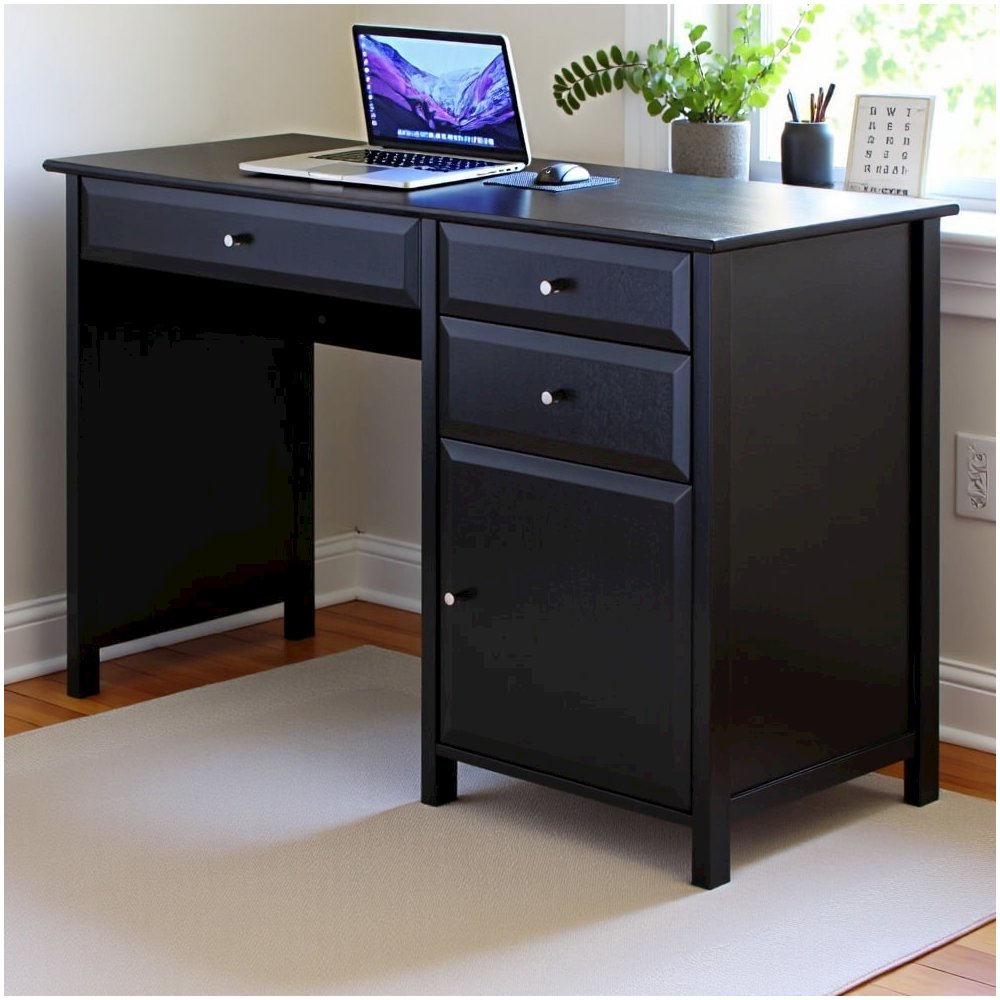 Black Office Desk – Compact Wooden Desk with Drawers for Workspaces