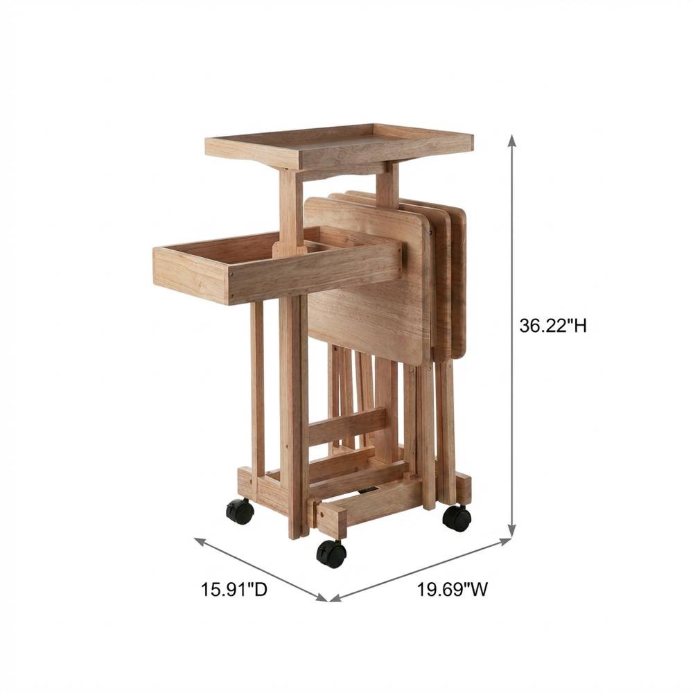 Natural Wood 6 Piece TV Trays Set With Folding Snack Tables And Mobile Stand