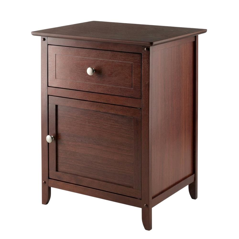 Farmhouse End Table With Storage in Walnut Finish, Wooden Side Table And Drawer