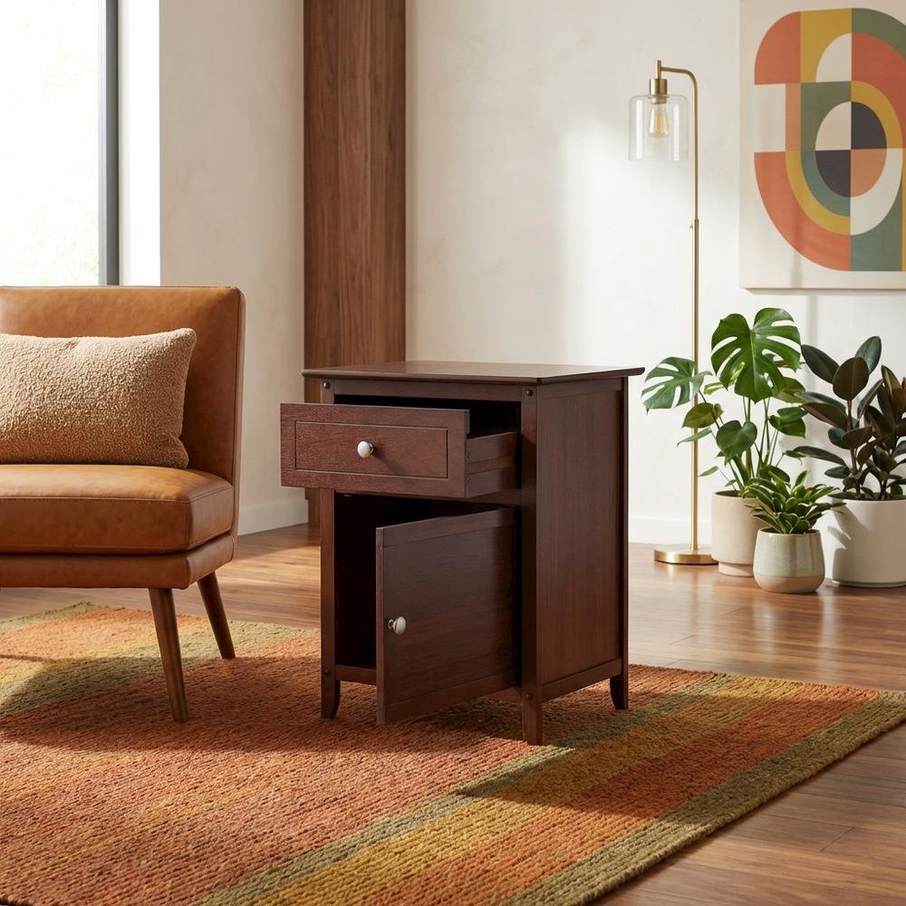Farmhouse End Table With Storage in Walnut Finish, Wooden Side Table And Drawer