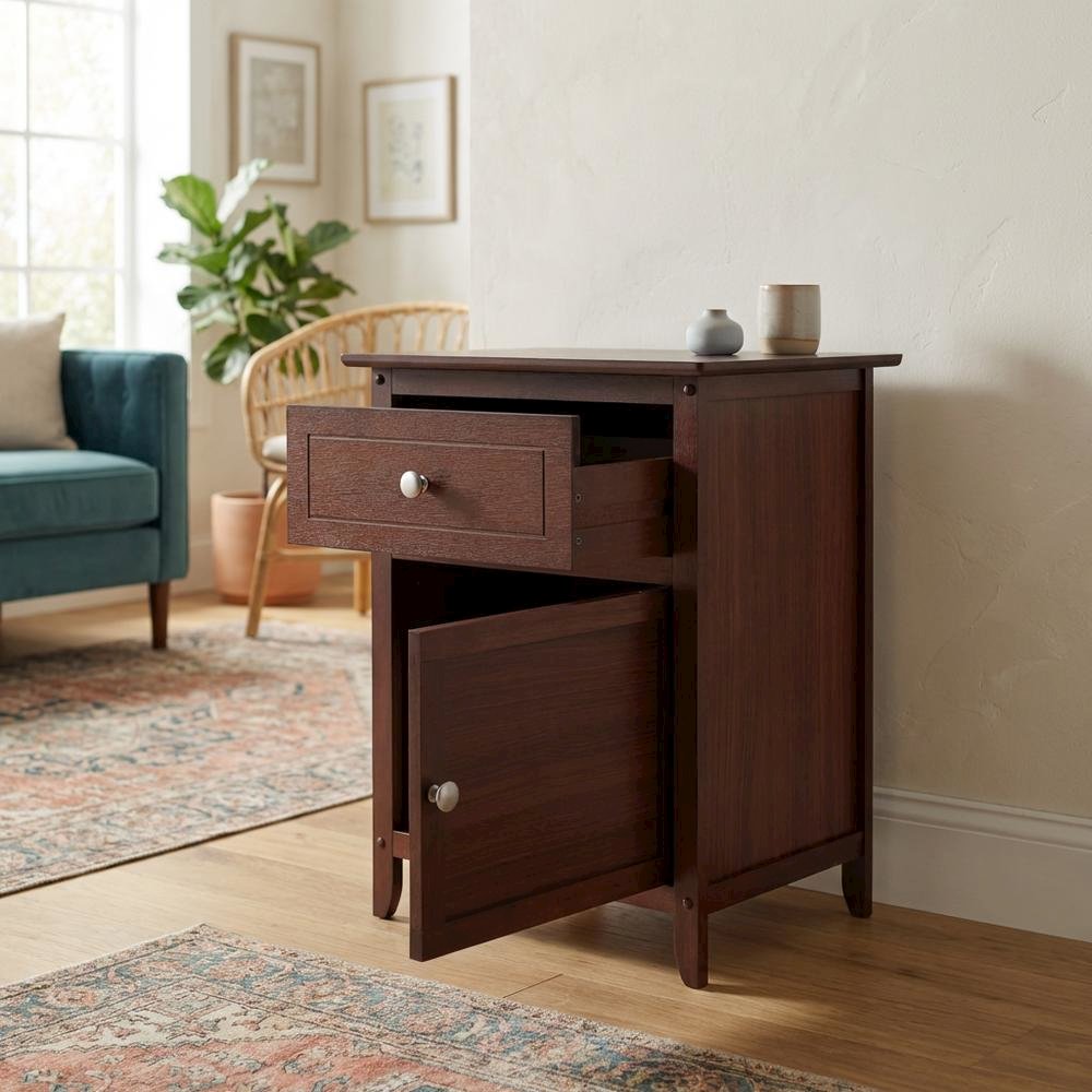 Farmhouse End Table With Storage in Walnut Finish, Wooden Side Table And Drawer