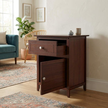 Farmhouse End Table With Storage in Walnut Finish, Wooden Side Table And Drawer