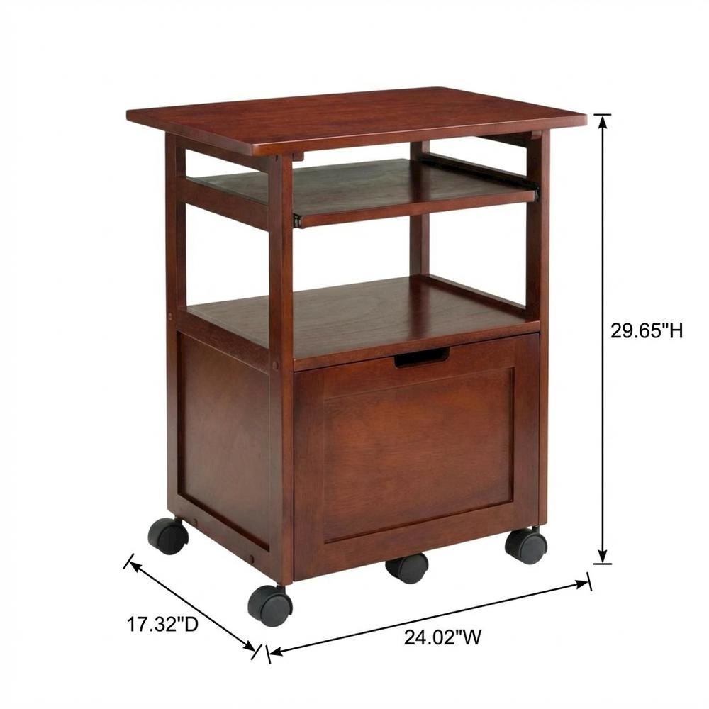 Walnut Work Cart with Keyboard Shelf and Transitional Style