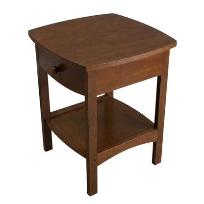 Mid Century Nightstand In Solid Wood Antique Walnut Finish With Drawer And Shelf