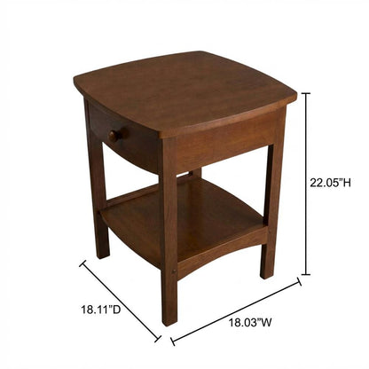 Mid Century Nightstand In Solid Wood Antique Walnut Finish With Drawer And Shelf