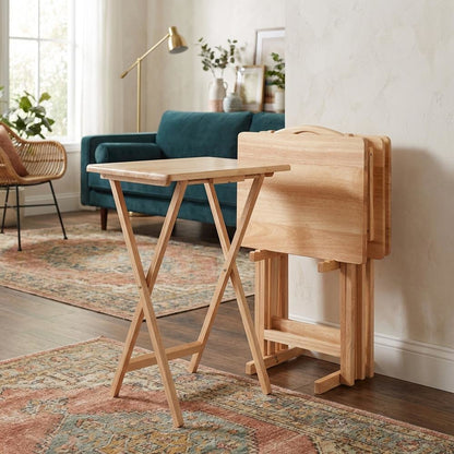 5-PC Folding Tray Table Set, Natural Solid Wood, Portable Rack