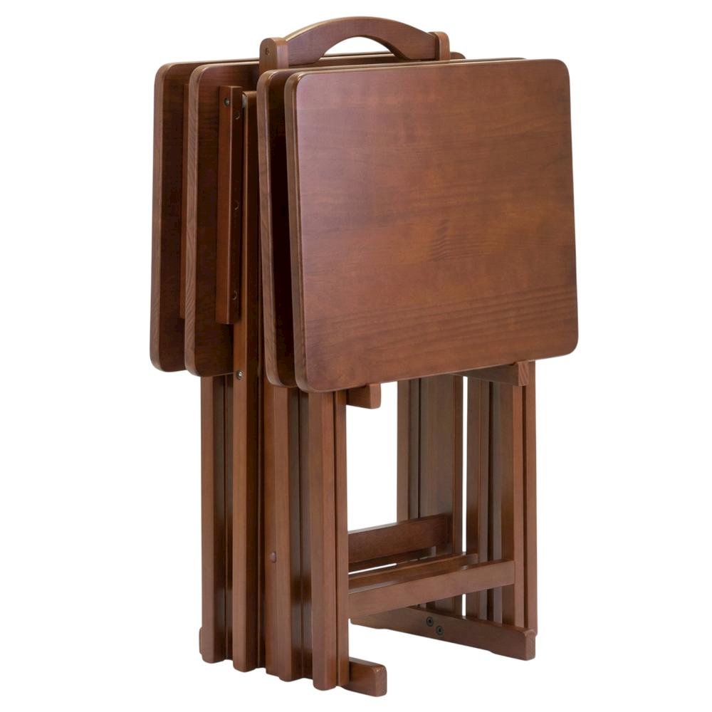 Solid Wood TV Trays Set Of 4 With Storage Rack in Walnut Finish