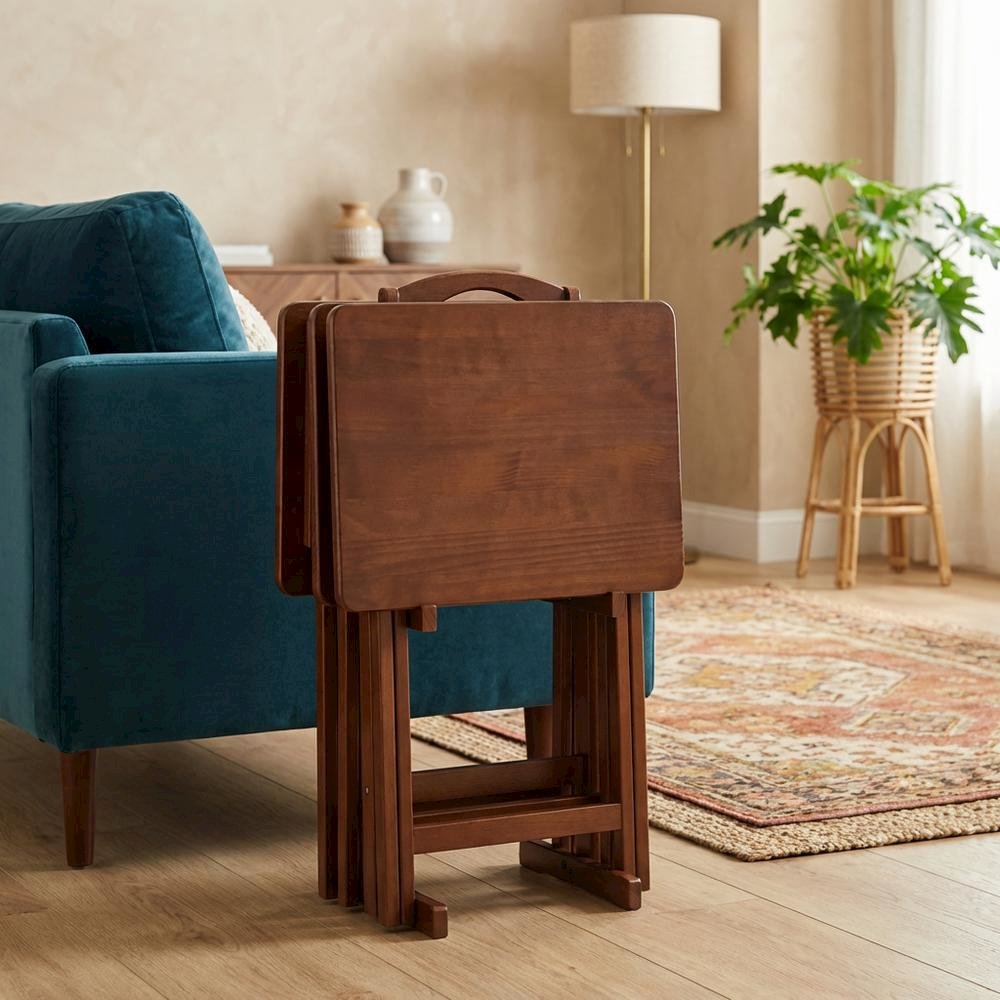 Solid Wood TV Trays Set Of 4 With Storage Rack in Walnut Finish