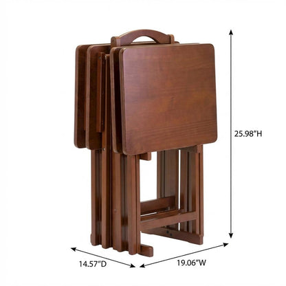 Solid Wood TV Trays Set Of 4 With Storage Rack in Walnut Finish