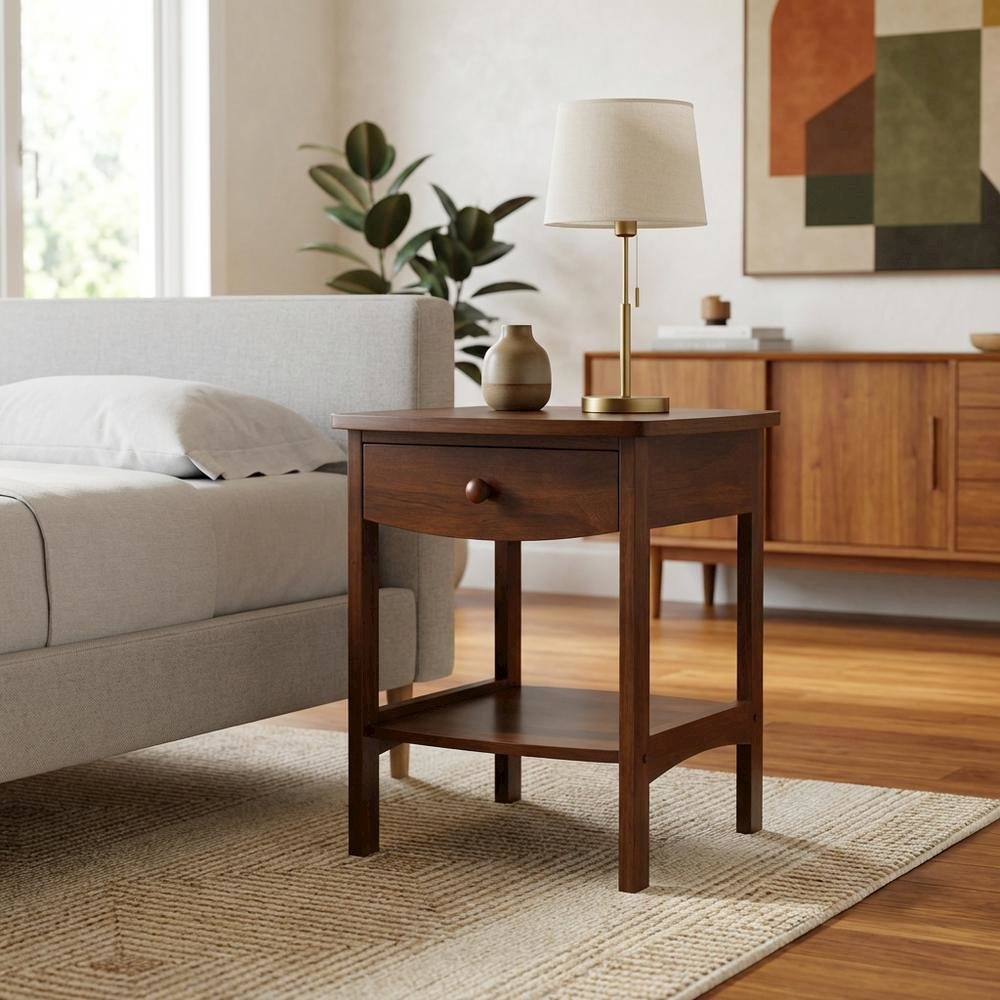 Mid Century Nightstand In Solid Wood Antique Walnut Finish With Drawer And Shelf