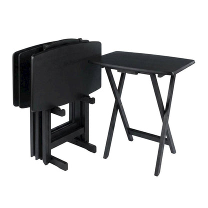 5-PC Folding TV Tray Table Set, Black Tables, Solid Wood Storage Rack