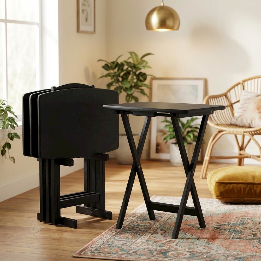 5-PC Folding TV Tray Table Set, Black Tables, Solid Wood Storage Rack