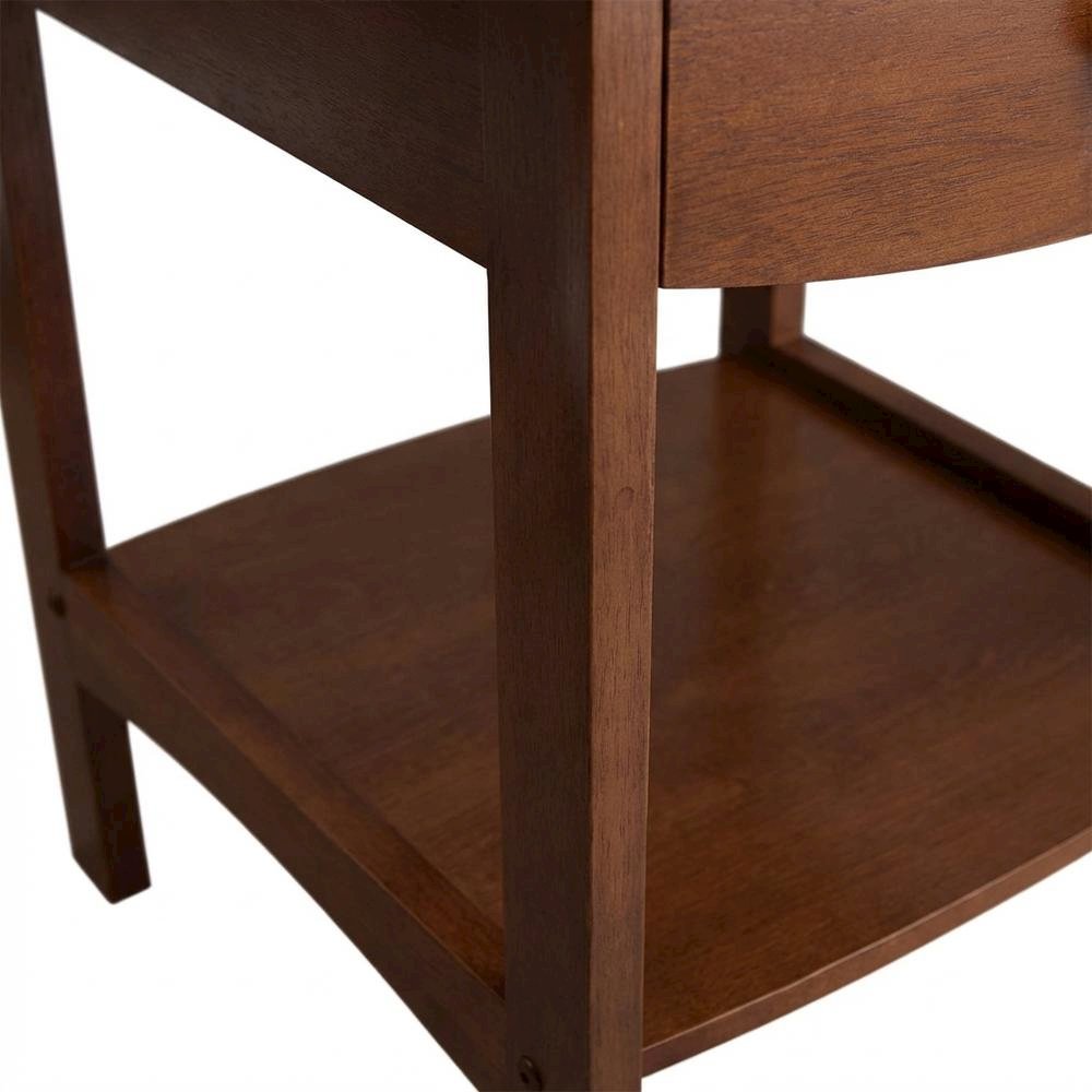 Mid Century Nightstand In Solid Wood Antique Walnut Finish With Drawer And Shelf