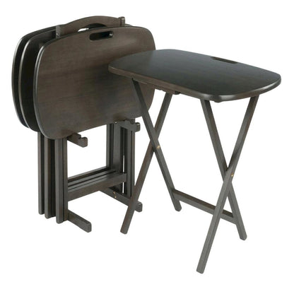5-PC Folding Tray Table Set, Oyster Gray Solid Wood, Easy Carry