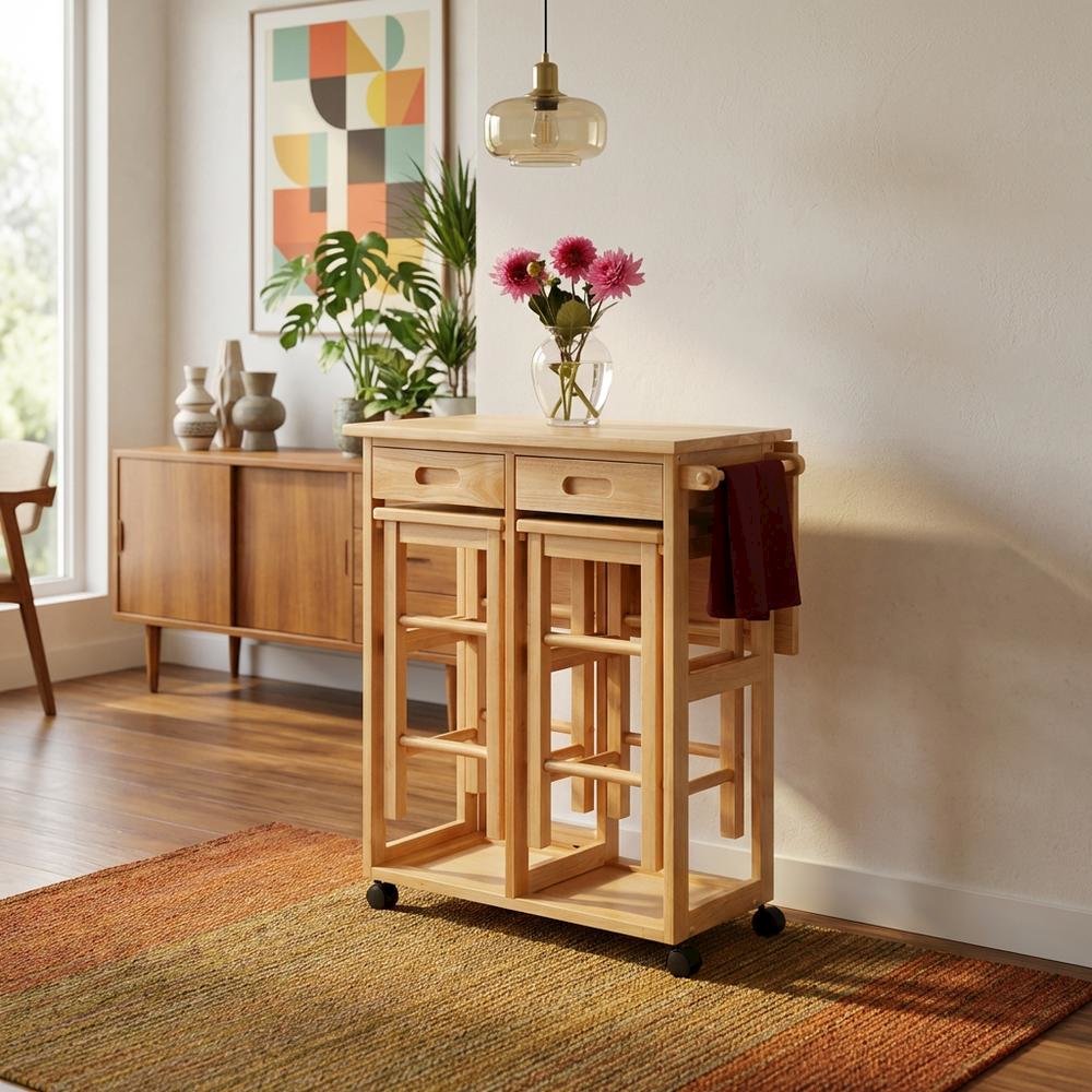 Solid Wood Kitchen Cart Drop Leaf Table With Chairs And Storage Stools