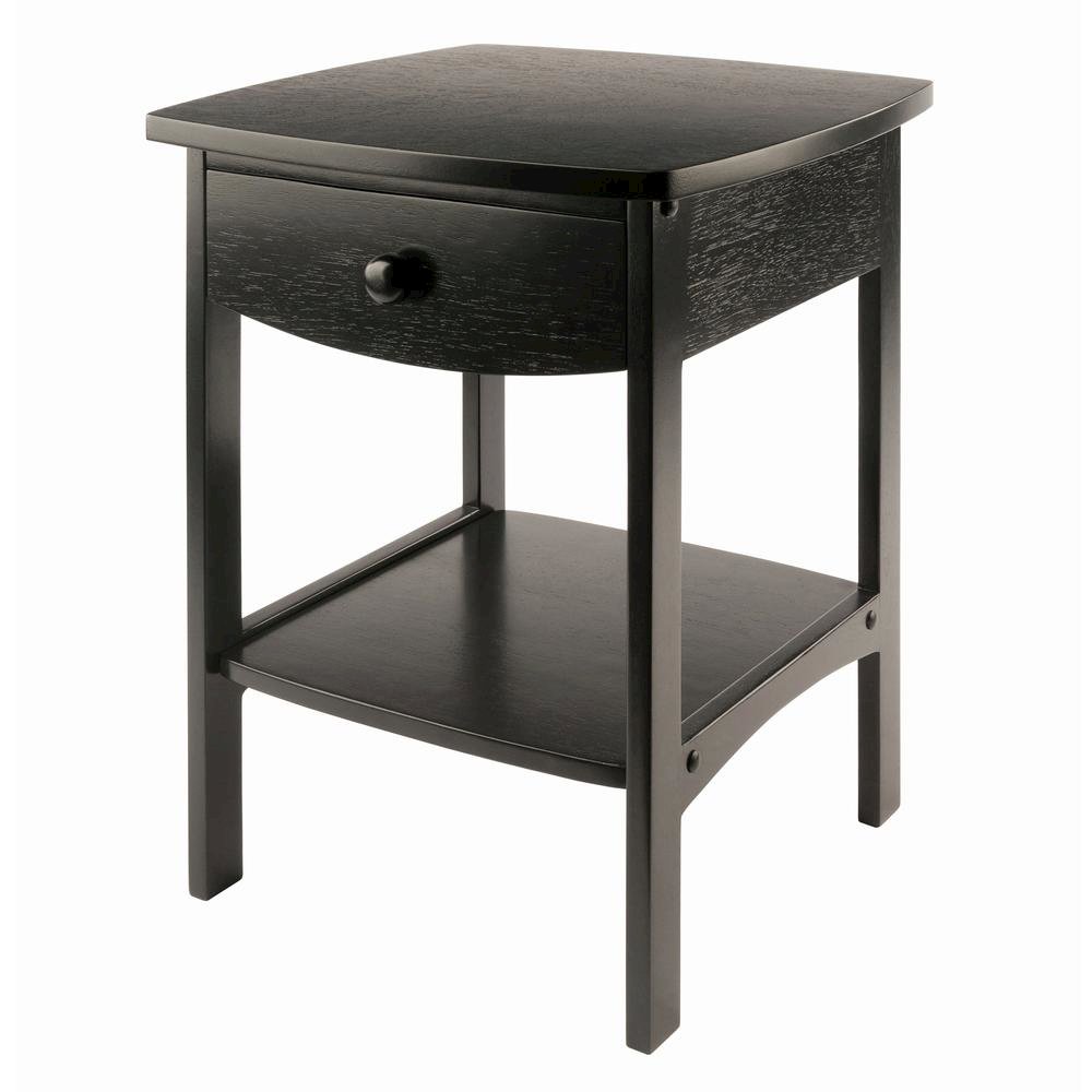 Mid Century Nightstand In Solid Wood Black Finish With Drawer And Shelf
