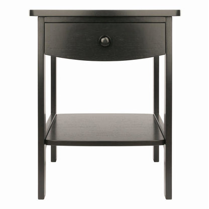 Mid Century Nightstand In Solid Wood Black Finish With Drawer And Shelf