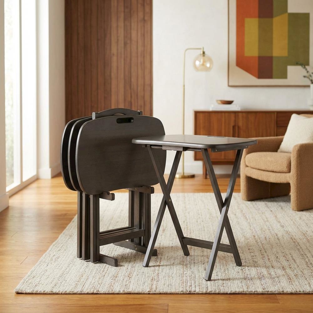5-PC Folding Tray Table Set, Oyster Gray Solid Wood, Easy Carry