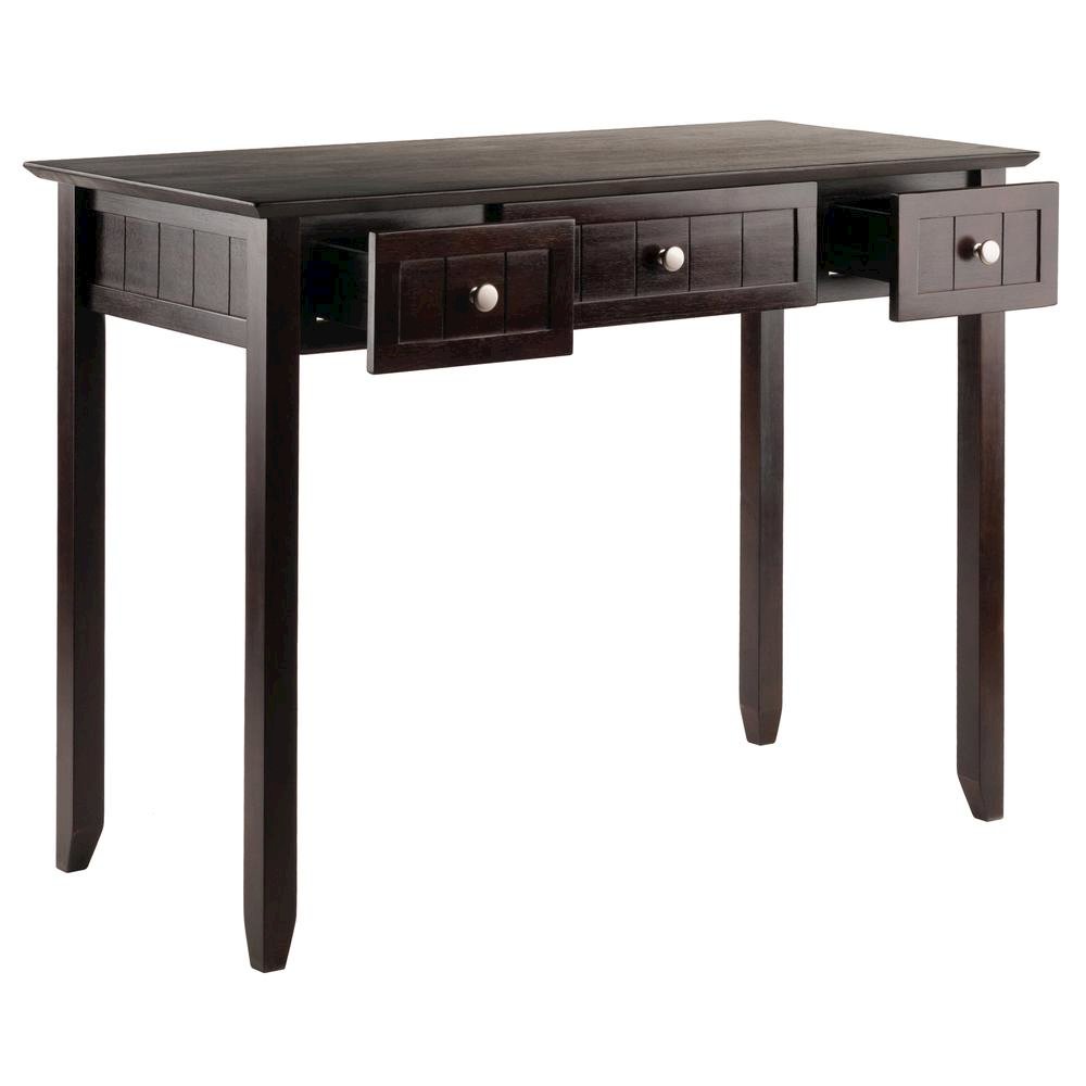 Writing Desk, Coffee Wainscoting, Beveled Top, Three Drawers