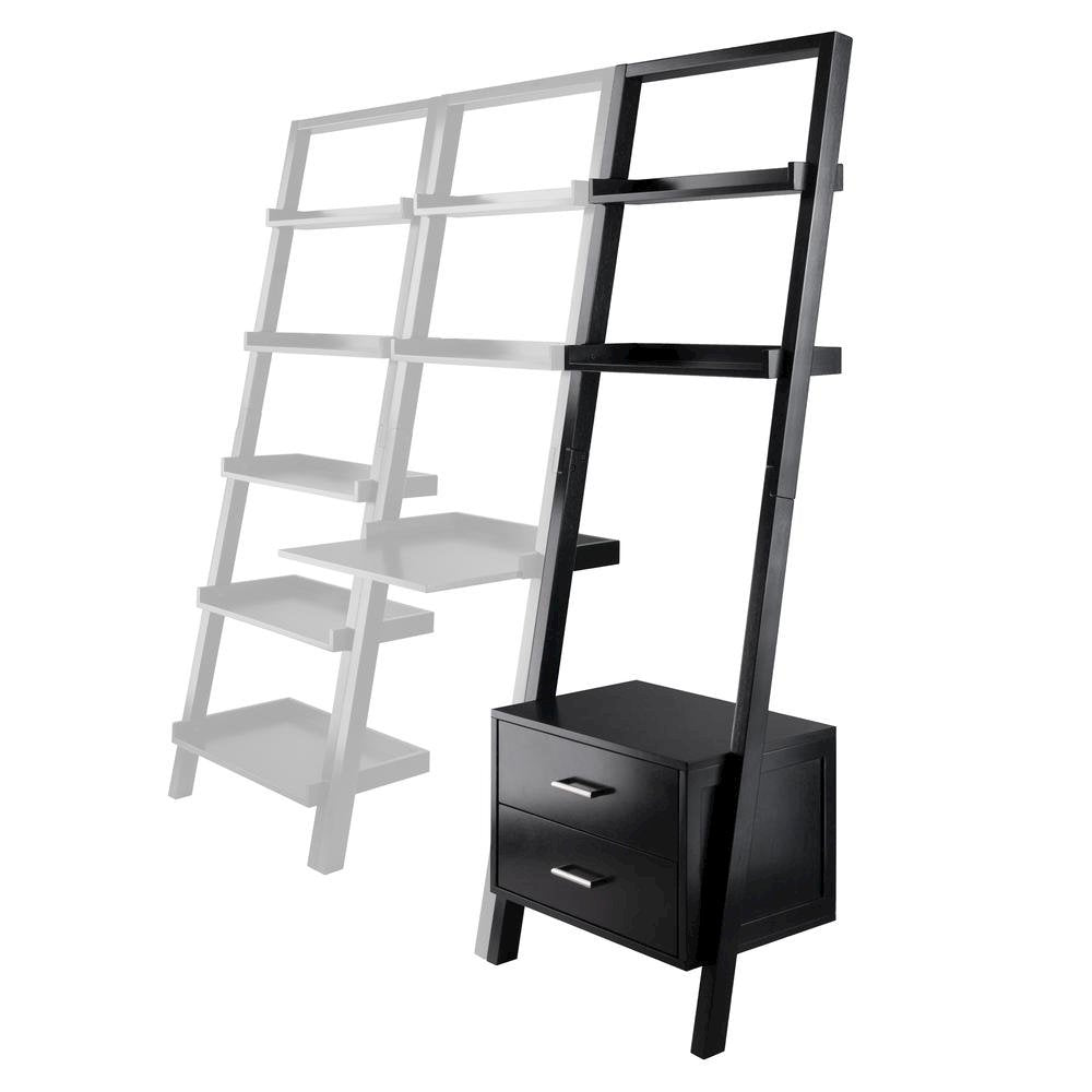 Black Leaning Shelf, Ladder Design, Storage Rack, Two Drawers