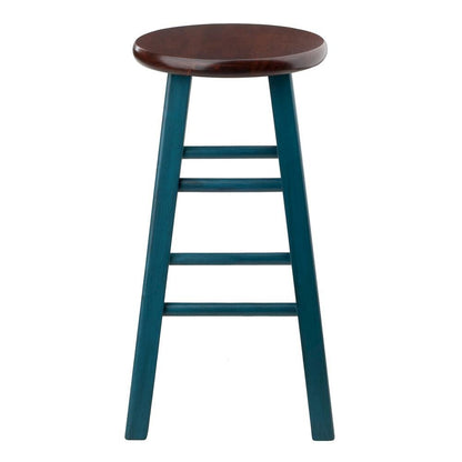 24" Rustic Teal Counter Stool, Round Solid Wood Seat, Fully Assembled