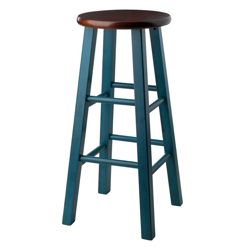 29" Rustic Teal Bar Stool, Round Solid Wood Seat, Fully Assembled