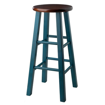 29" Rustic Teal Bar Stool, Round Solid Wood Seat, Fully Assembled