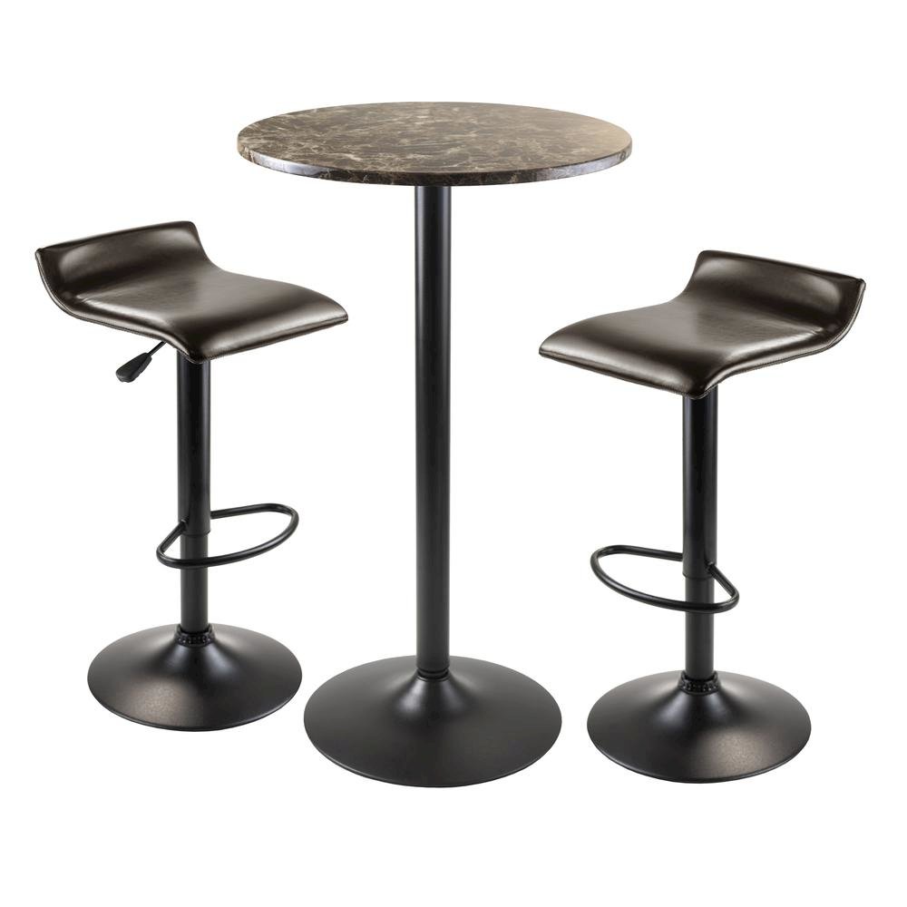 3pc Pub Set, Round Faux Marble Top, 2 Swivel Stools, Metal Base
