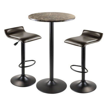 3pc Pub Set, Round Faux Marble Top, 2 Swivel Stools, Metal Base