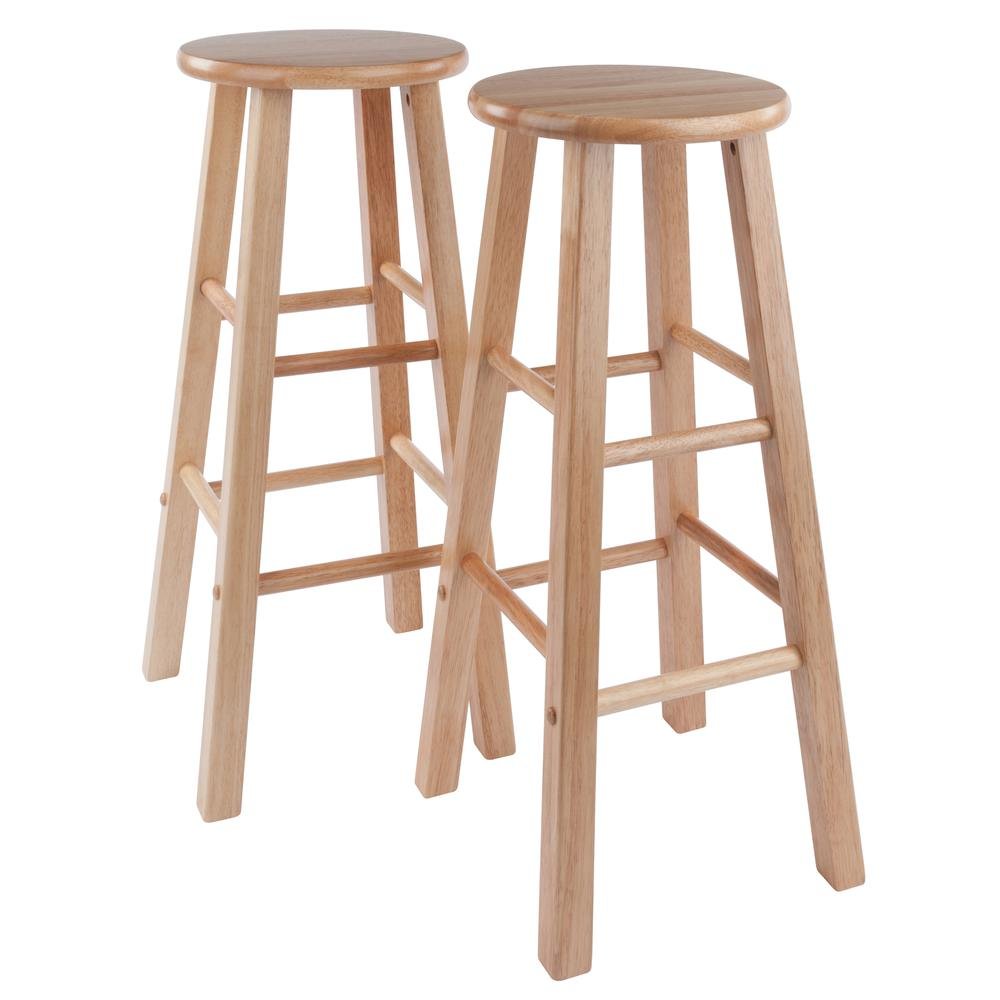 2-Pc Solid Wood Bar Stools, 29" Round Seat, Natural Finish