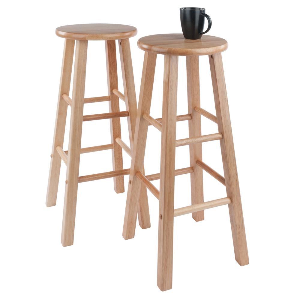 2-Pc Solid Wood Bar Stools, 29" Round Seat, Natural Finish