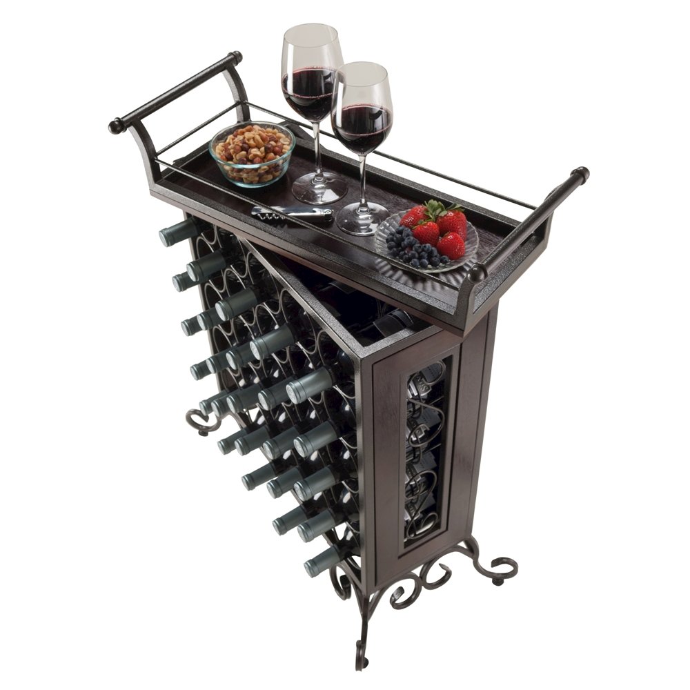 Metal Wine Rack Freestanding Floor With Wooden Tray For 25 Bottle Storage