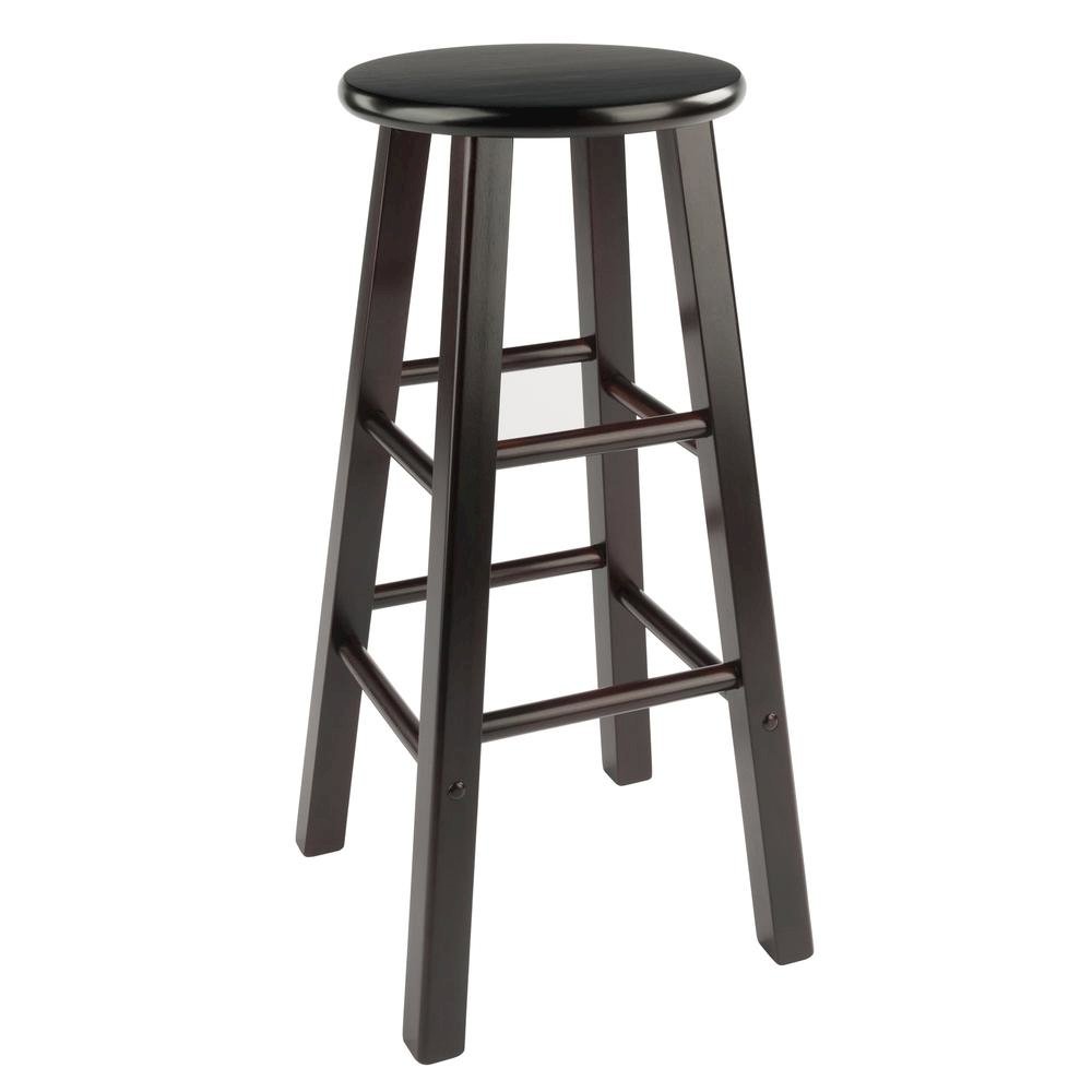 2-Piece Bar Stool Set, Round Seat, 29 Inch Height, Solid Wood, Espresso Finish