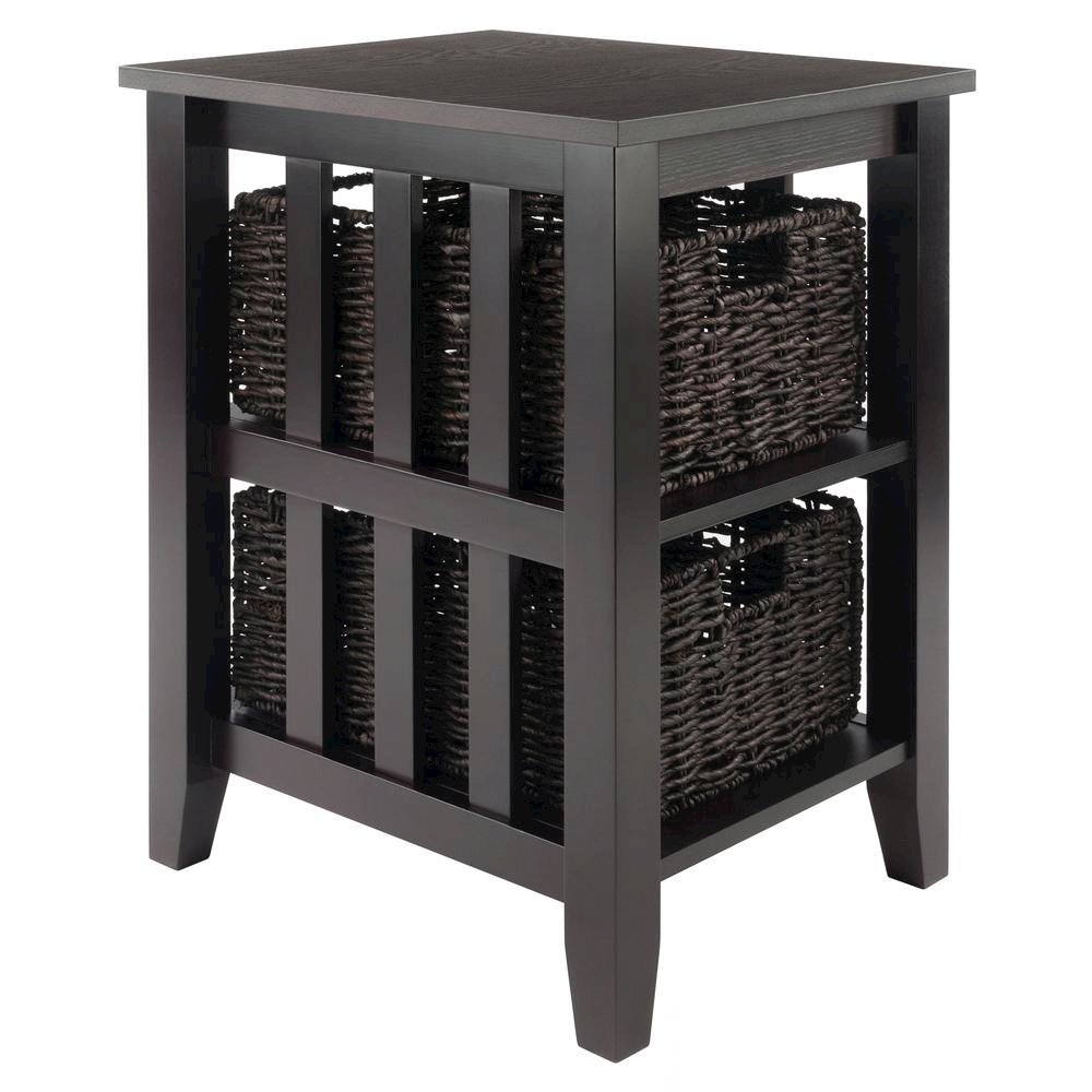 Wood Side Table with Foldable Baskets, Storage Shelf, Espresso