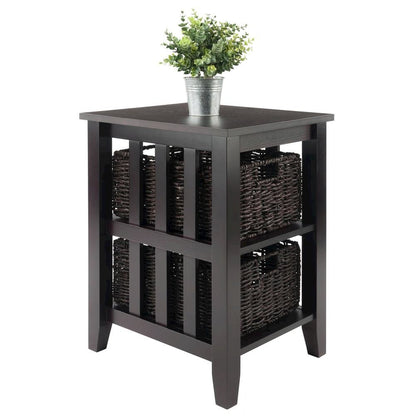 Wood Side Table with Foldable Baskets, Storage Shelf, Espresso