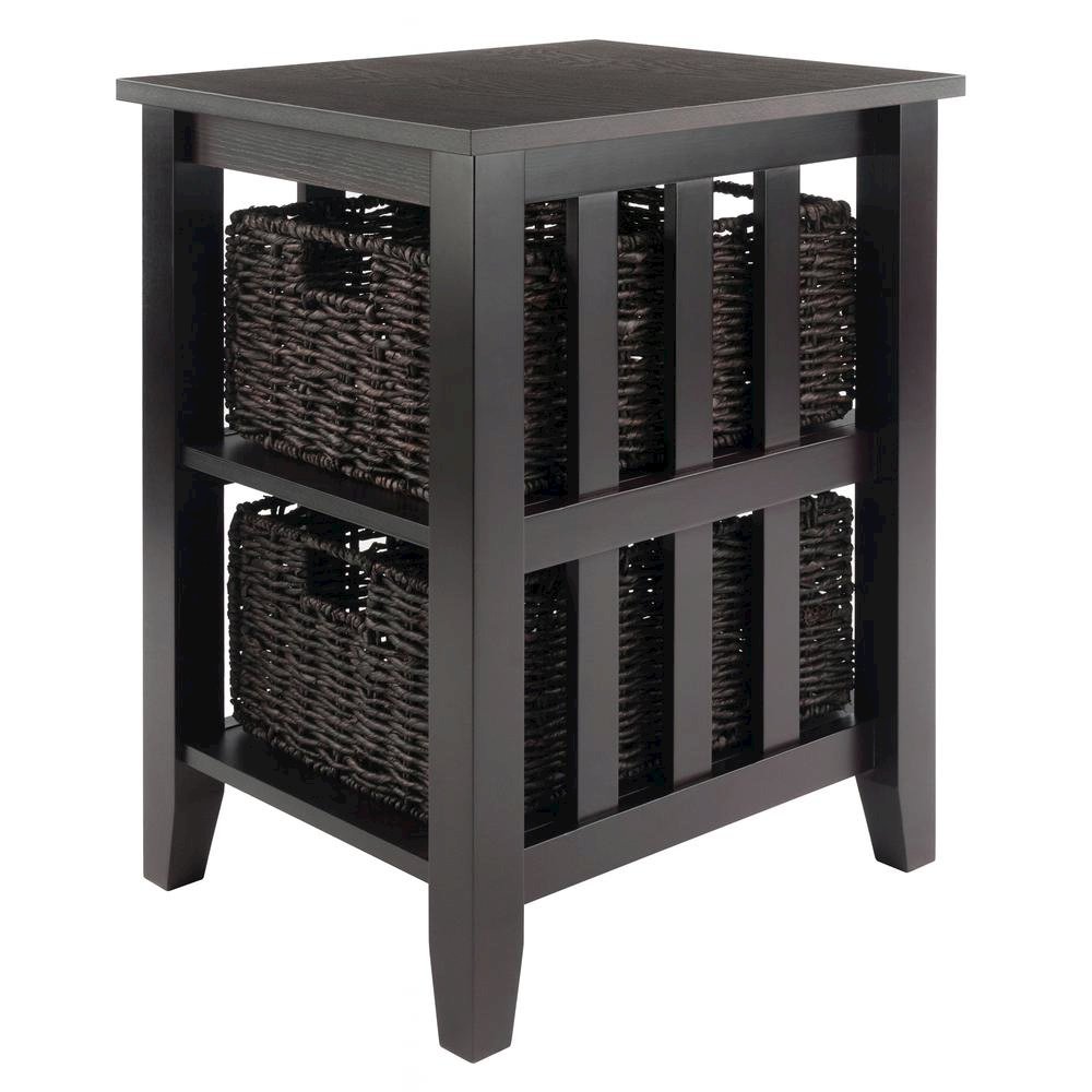 Wood Side Table with Foldable Baskets, Storage Shelf, Espresso