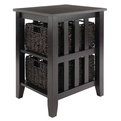 Wood Side Table with Foldable Baskets, Storage Shelf, Espresso