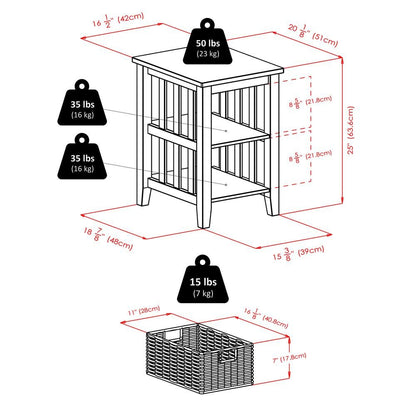 Wood Side Table with Foldable Baskets, Storage Shelf, Espresso