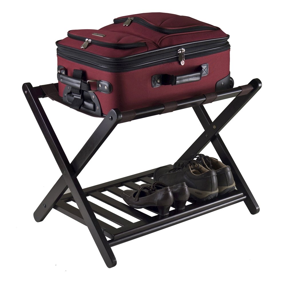 Foldable Luggage Rack with Shelf, Brown Nylon Straps, Slim Fold