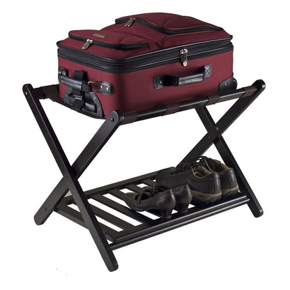 Foldable Luggage Rack with Shelf, Brown Nylon Straps, Slim Fold